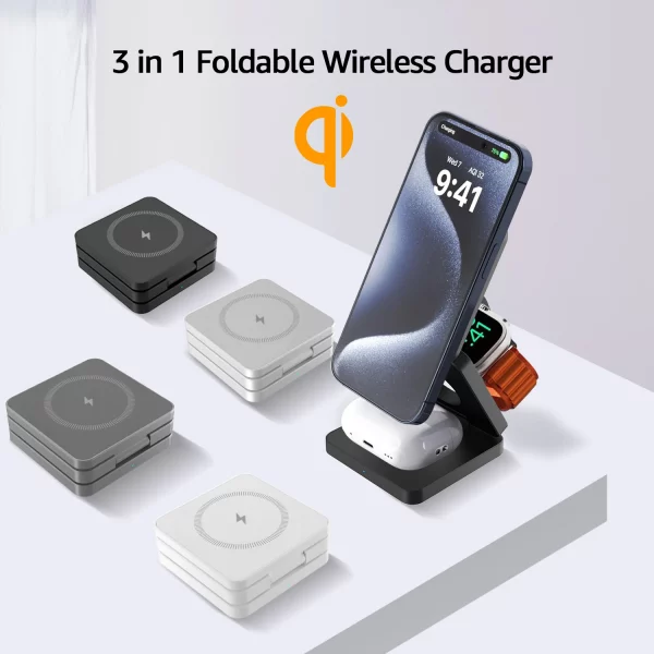 15W Magnetic Trifold Wireless Charger & Mobile Phone Charging Stand, Charging for iPhone 16 15 14 13  ,for Air pods & I Watch - Image 3