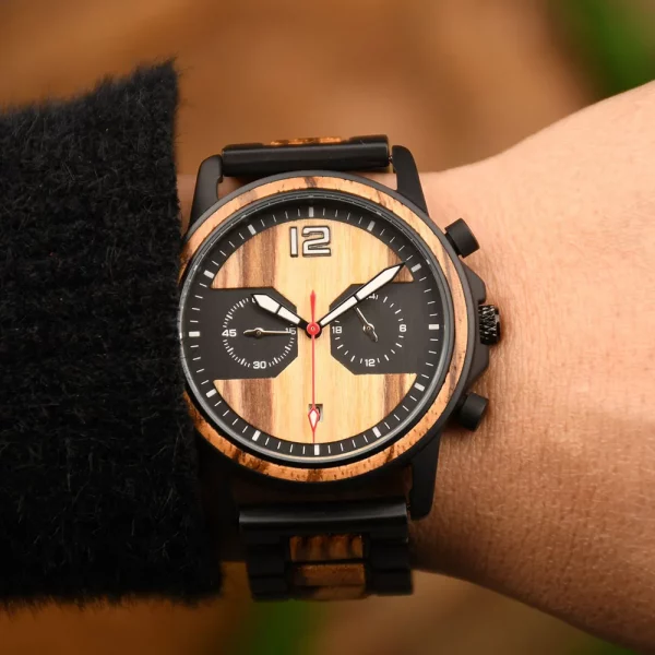 DODO DEER Stylish Wooden Timepiece Men's Zebrawood Chronograph Watch with Black Alloy Case - Image 3