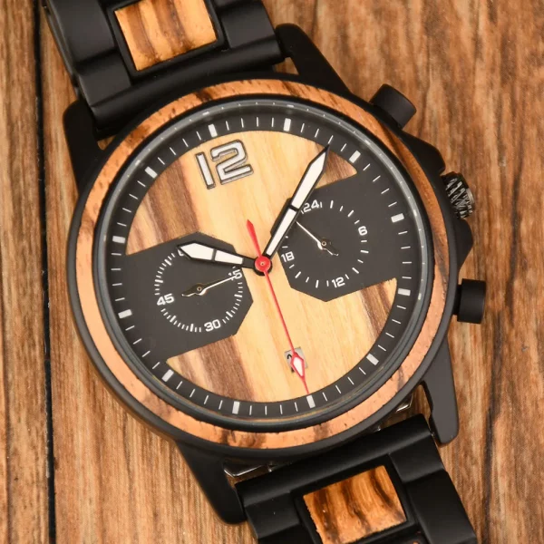 DODO DEER Stylish Wooden Timepiece Men's Zebrawood Chronograph Watch with Black Alloy Case - Image 5