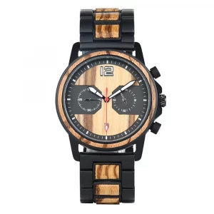 DODO DEER Stylish Wooden Timepiece Men's Zebrawood Chronograph Watch with Black Alloy Case