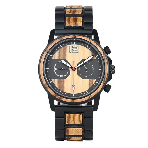 DODO DEER Stylish Wooden Timepiece Men's Zebrawood Chronograph Watch with Black Alloy Case