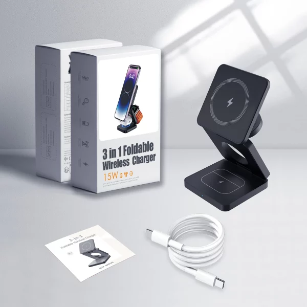 15W Magnetic Trifold Wireless Charger & Mobile Phone Charging Stand, Charging for iPhone 16 15 14 13  ,for Air pods & I Watch - Image 6