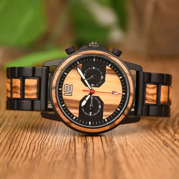 DODO DEER Stylish Wooden Timepiece Men's Zebrawood Chronograph Watch with Black Alloy Case - Image 4
