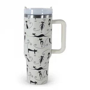 40 oz Stainless Steel Luxury 3D Cat Printed Vacuum Tumbler Travel Mug Flexible Rubber Handle for Hot Cold Camping