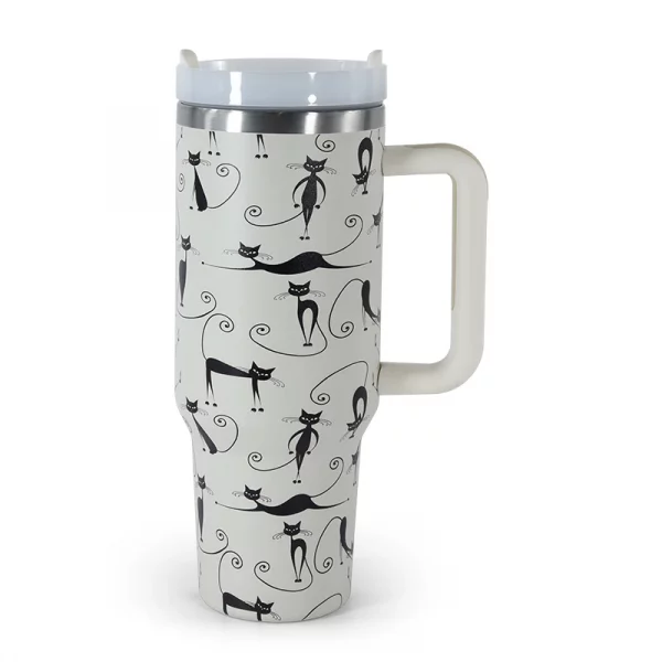40 oz Stainless Steel Luxury 3D Cat Printed Vacuum Tumbler Travel Mug Flexible Rubber Handle for Hot Cold Camping