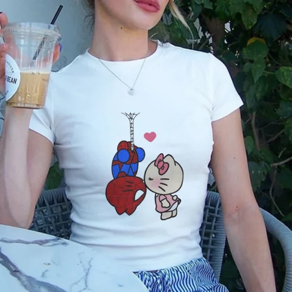 Sanrio Hello Kitty Cartoon Graphic T Shirt Women Clothes Short Sleeve Slim T-shirts Japan Summer Crop Tops White Baby Tees Y2k - Image 5