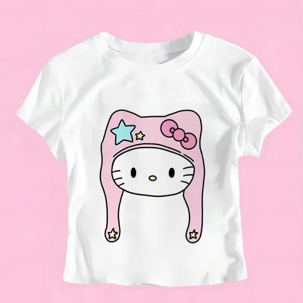 Sanrio Hello Kitty Cartoon Graphic T Shirt Women Clothes Short Sleeve Slim T-shirts Japan Summer Crop Tops White Baby Tees Y2k - Image 20