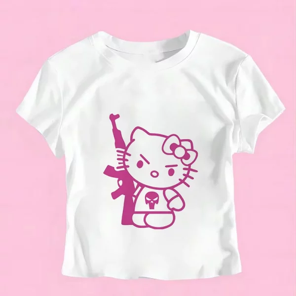 Sanrio Hello Kitty Cartoon Graphic T Shirt Women Clothes Short Sleeve Slim T-shirts Japan Summer Crop Tops White Baby Tees Y2k - Image 9