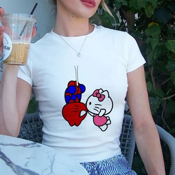 Sanrio Hello Kitty Cartoon Graphic T Shirt Women Clothes Short Sleeve Slim T-shirts Japan Summer Crop Tops White Baby Tees Y2k - Image 6