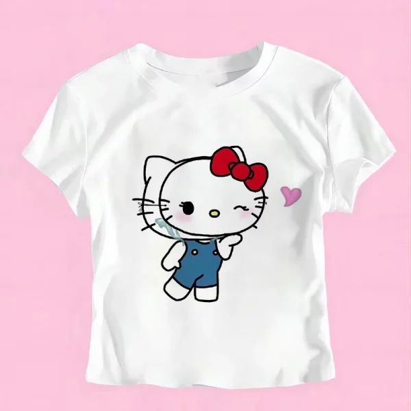 Sanrio Hello Kitty Cartoon Graphic T Shirt Women Clothes Short Sleeve Slim T-shirts Japan Summer Crop Tops White Baby Tees Y2k - Image 18