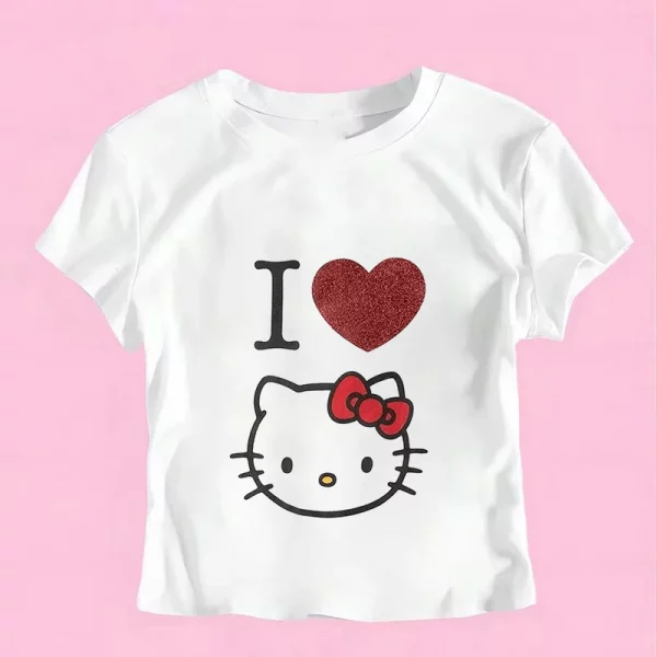 Sanrio Hello Kitty Cartoon Graphic T Shirt Women Clothes Short Sleeve Slim T-shirts Japan Summer Crop Tops White Baby Tees Y2k - Image 16