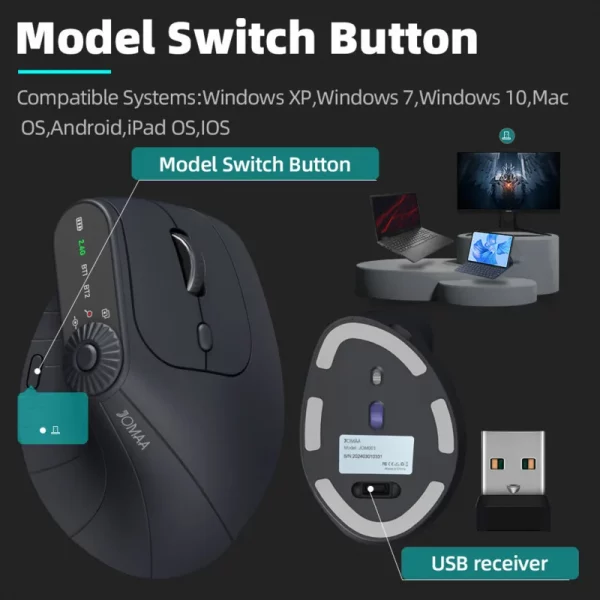 Wireless Vertical Mouse Rechargeable Optical Mice With Function Adjustment Knob Ergonomic Mouse for Multi-Purpose - Image 5