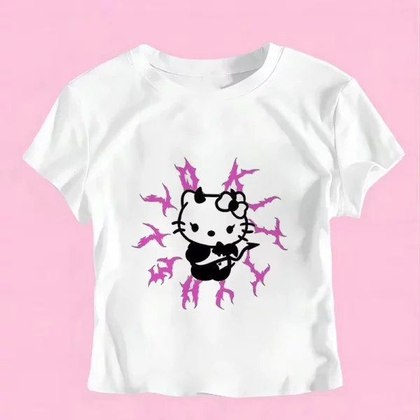 Sanrio Hello Kitty Cartoon Graphic T Shirt Women Clothes Short Sleeve Slim T-shirts Japan Summer Crop Tops White Baby Tees Y2k - Image 17