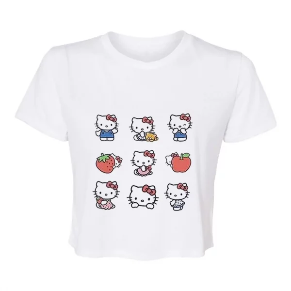 Sanrio Hello Kitty Cartoon Graphic T Shirt Women Clothes Short Sleeve Slim T-shirts Japan Summer Crop Tops White Baby Tees Y2k - Image 15