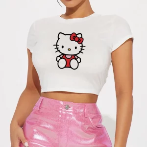 Sanrio Hello Kitty Cartoon Graphic T Shirt Women Clothes Short Sleeve Slim T-shirts Japan Summer Crop Tops White Baby Tees Y2k