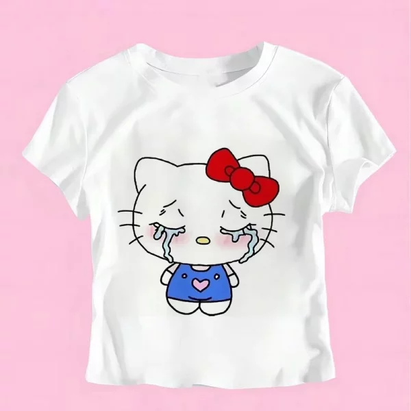 Sanrio Hello Kitty Cartoon Graphic T Shirt Women Clothes Short Sleeve Slim T-shirts Japan Summer Crop Tops White Baby Tees Y2k - Image 23