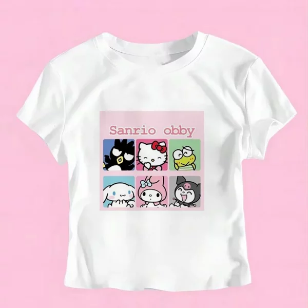 Sanrio Hello Kitty Cartoon Graphic T Shirt Women Clothes Short Sleeve Slim T-shirts Japan Summer Crop Tops White Baby Tees Y2k - Image 22