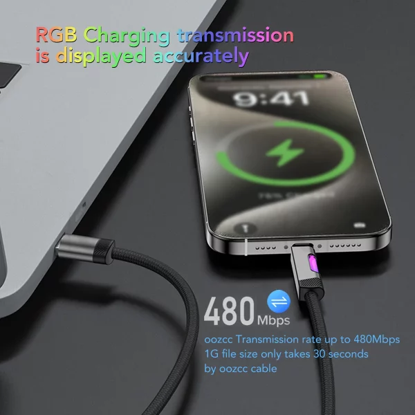 RGB Fast Charging Cable 120W 6A USB Type C Charge Cable with RGB Ambient Light - Image 3