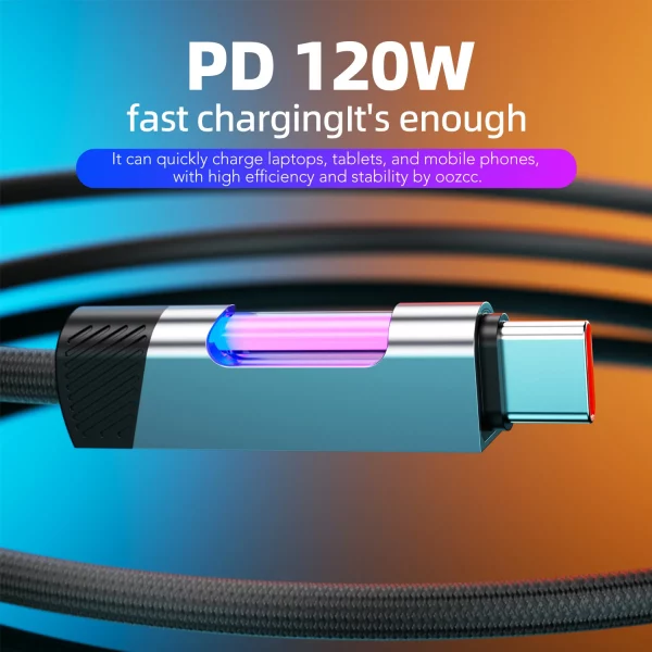 RGB Fast Charging Cable 120W 6A USB Type C Charge Cable with RGB Ambient Light - Image 2