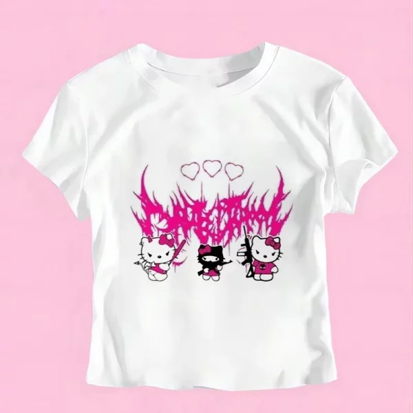 Sanrio Hello Kitty Cartoon Graphic T Shirt Women Clothes Short Sleeve Slim T-shirts Japan Summer Crop Tops White Baby Tees Y2k - Image 8