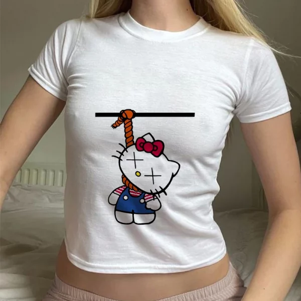 Sanrio Hello Kitty Cartoon Graphic T Shirt Women Clothes Short Sleeve Slim T-shirts Japan Summer Crop Tops White Baby Tees Y2k - Image 7